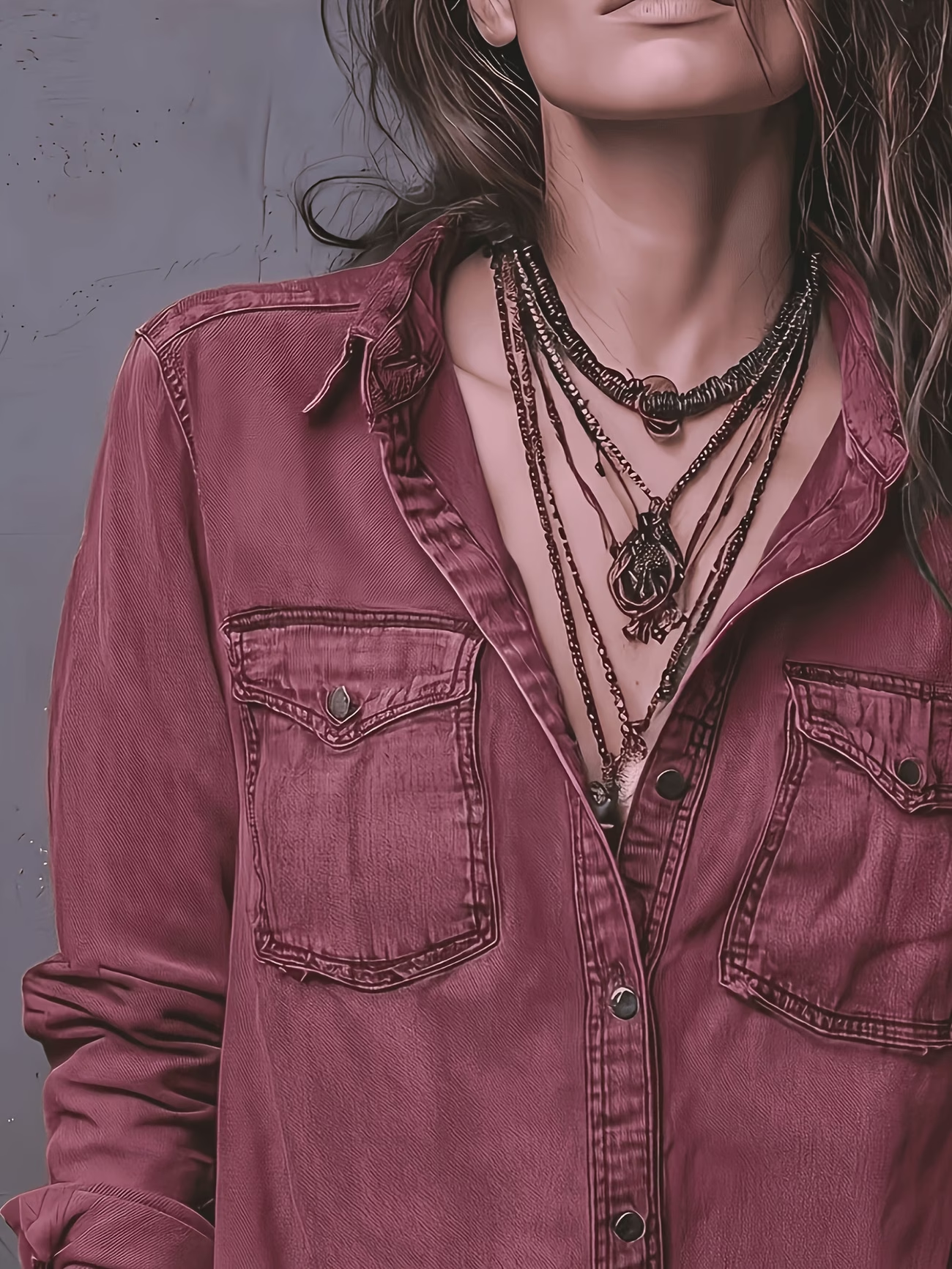 Women’s Vintage Washed Denim Shirt, Western Button Down Long Sleeve Top with Frayed Hem and Double Pockets