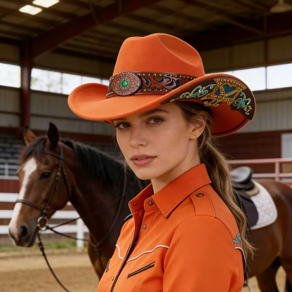 Unisex Western Cowboy Hat with Decorative Studded Band & Embroidered Wide Brim
