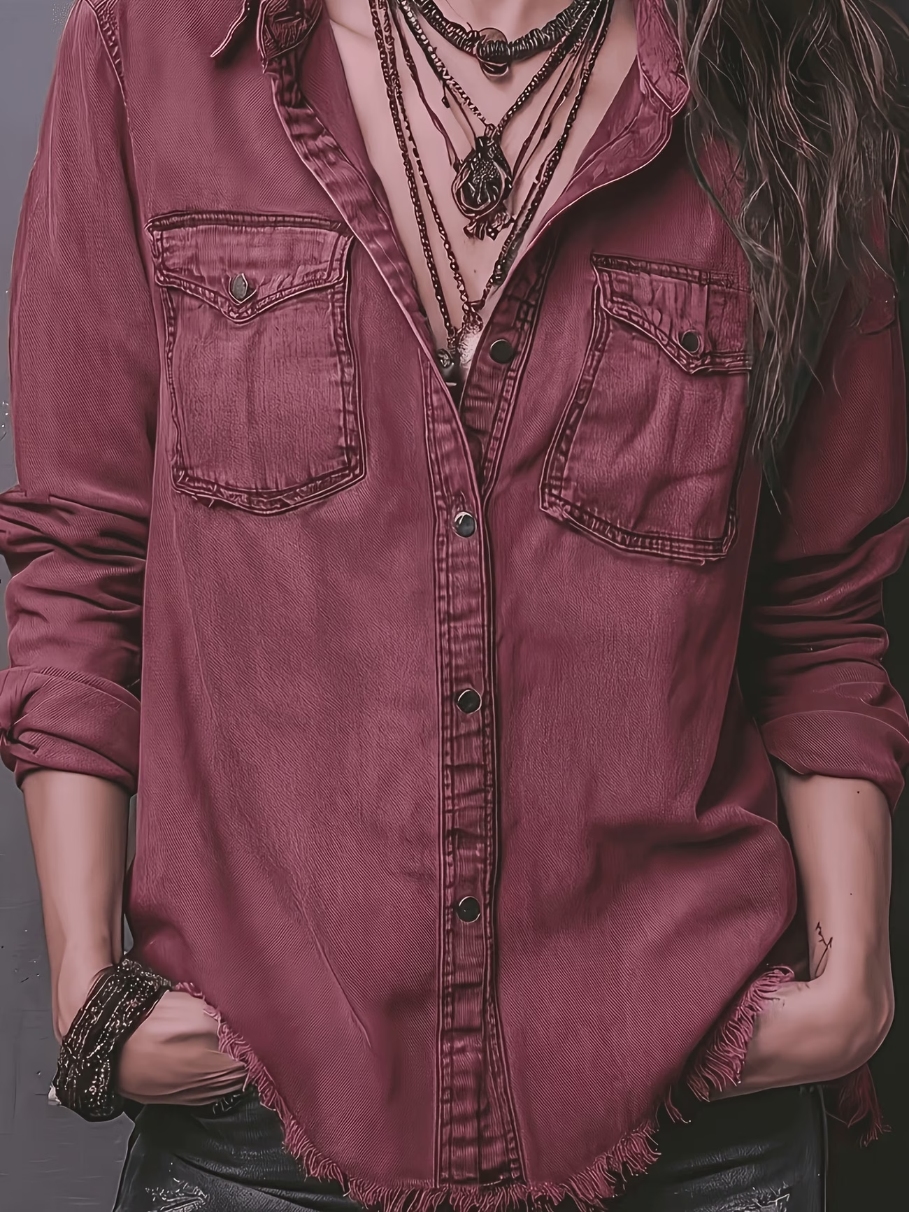 Women’s Vintage Washed Denim Shirt, Western Button Down Long Sleeve Top with Frayed Hem and Double Pockets