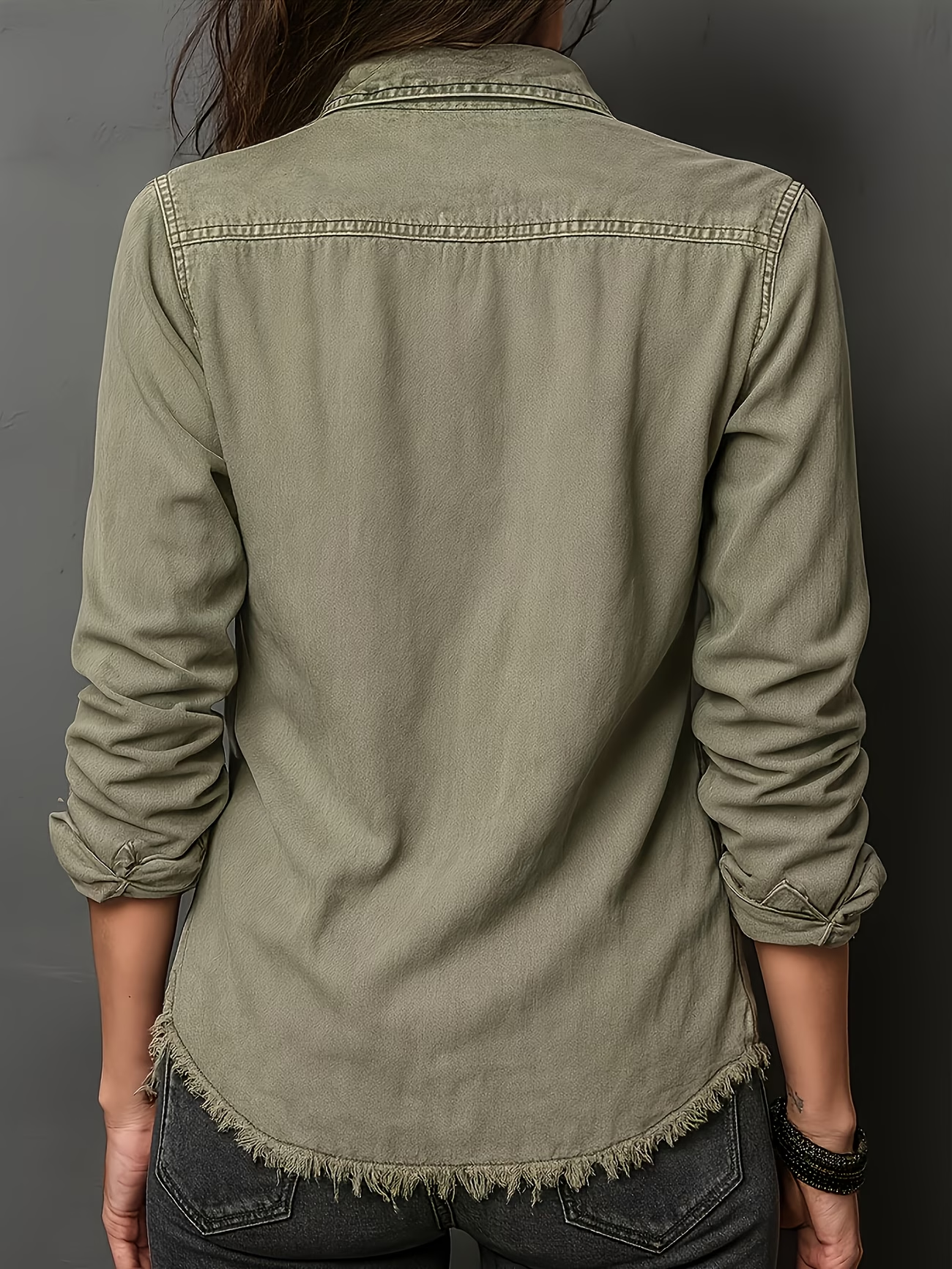 Women’s Vintage Washed Denim Shirt, Western Button Down Long Sleeve Top with Frayed Hem and Double Pockets