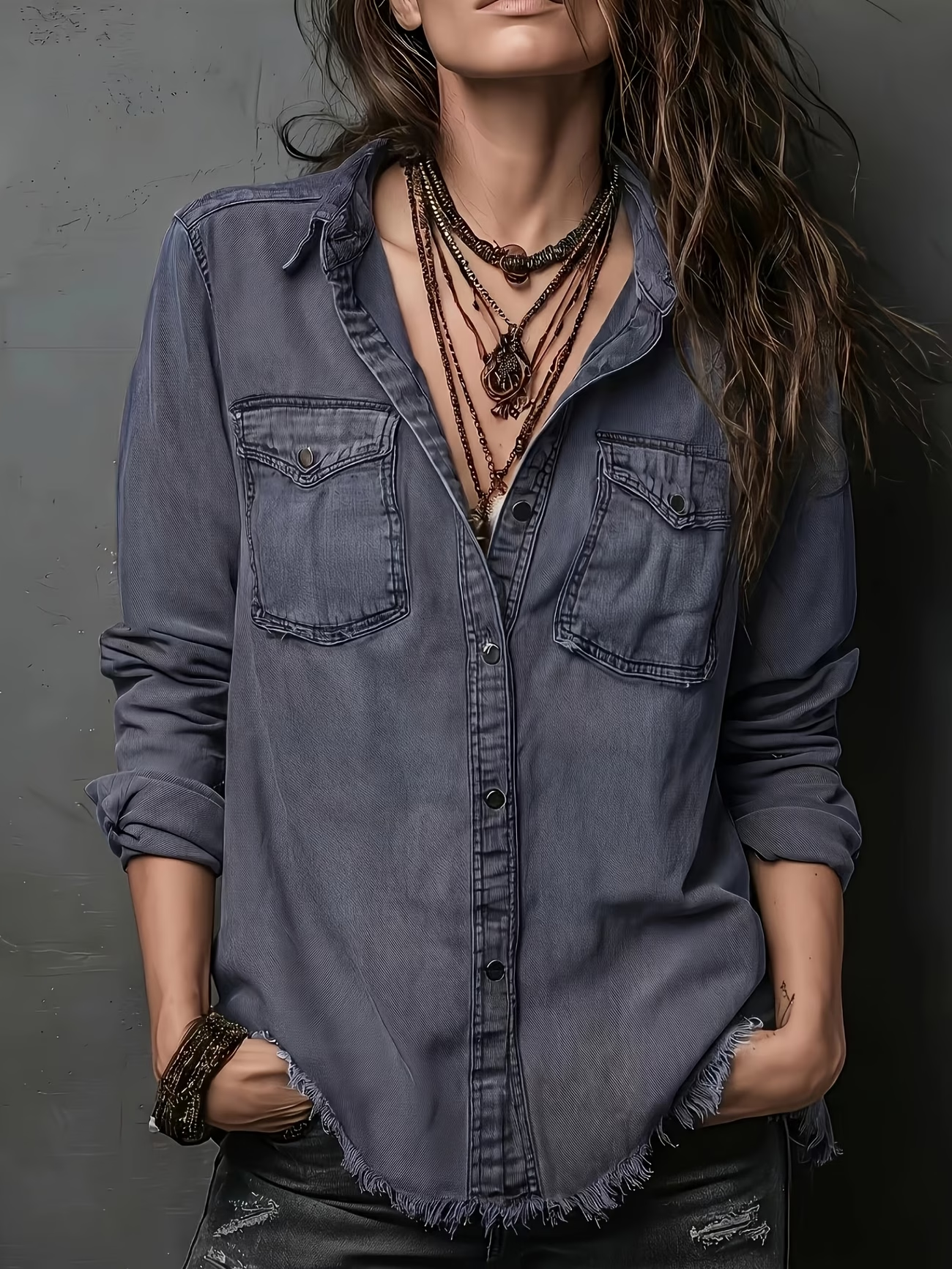 Women’s Vintage Washed Denim Shirt, Western Button Down Long Sleeve Top with Frayed Hem and Double Pockets