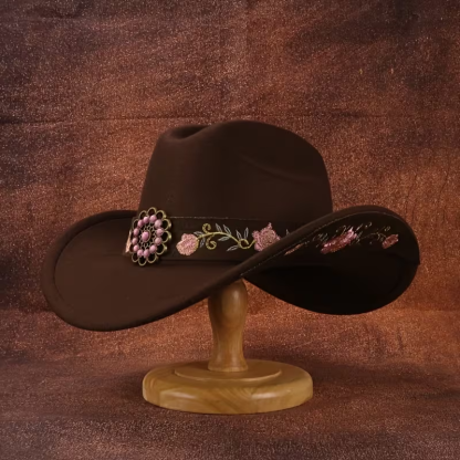 Floral Embroidered Soft Felt Cowgirl Hat with Leather Band & Pink Turquoise Concho