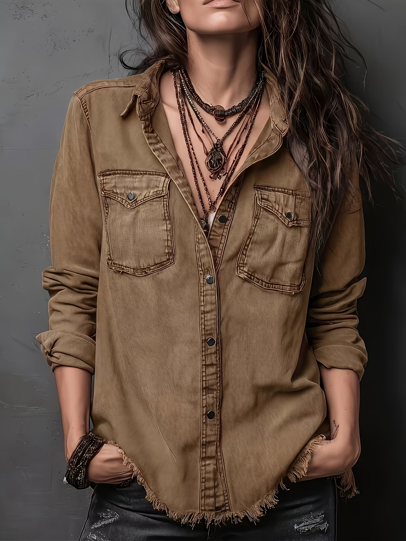 Women’s Vintage Washed Denim Shirt, Western Button Down Long Sleeve Top with Frayed Hem and Double Pockets
