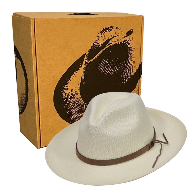 Original Panama Hat - Wide Brim Classic Fedora - White Straw - Brown Leather Band - Handmade in Ecuador by Ecua-Andino - EA-BOX PACKING