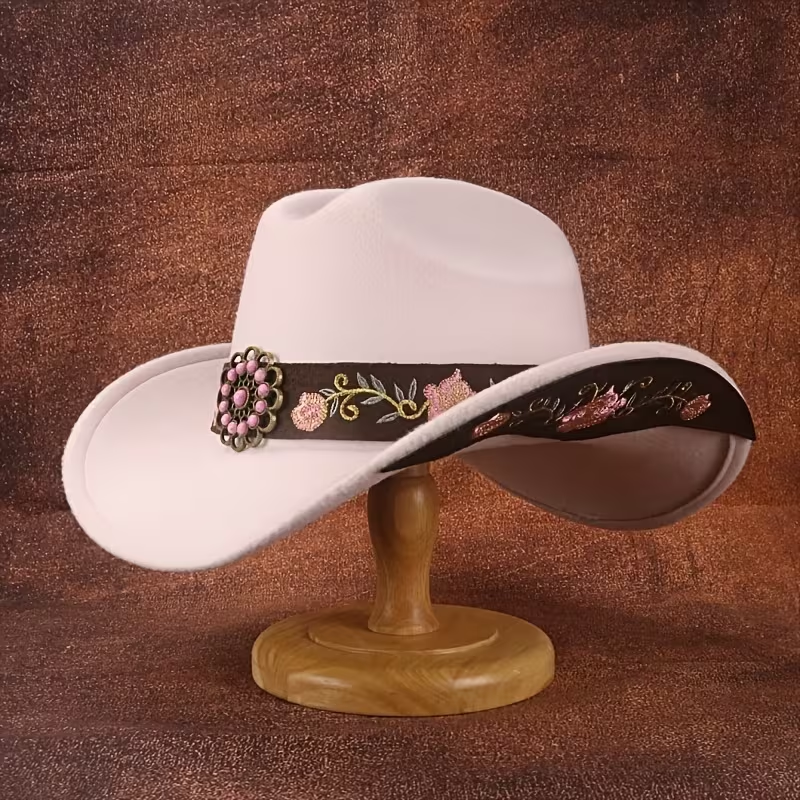 Floral Embroidered Soft Felt Cowgirl Hat with Leather Band & Pink Turquoise Concho