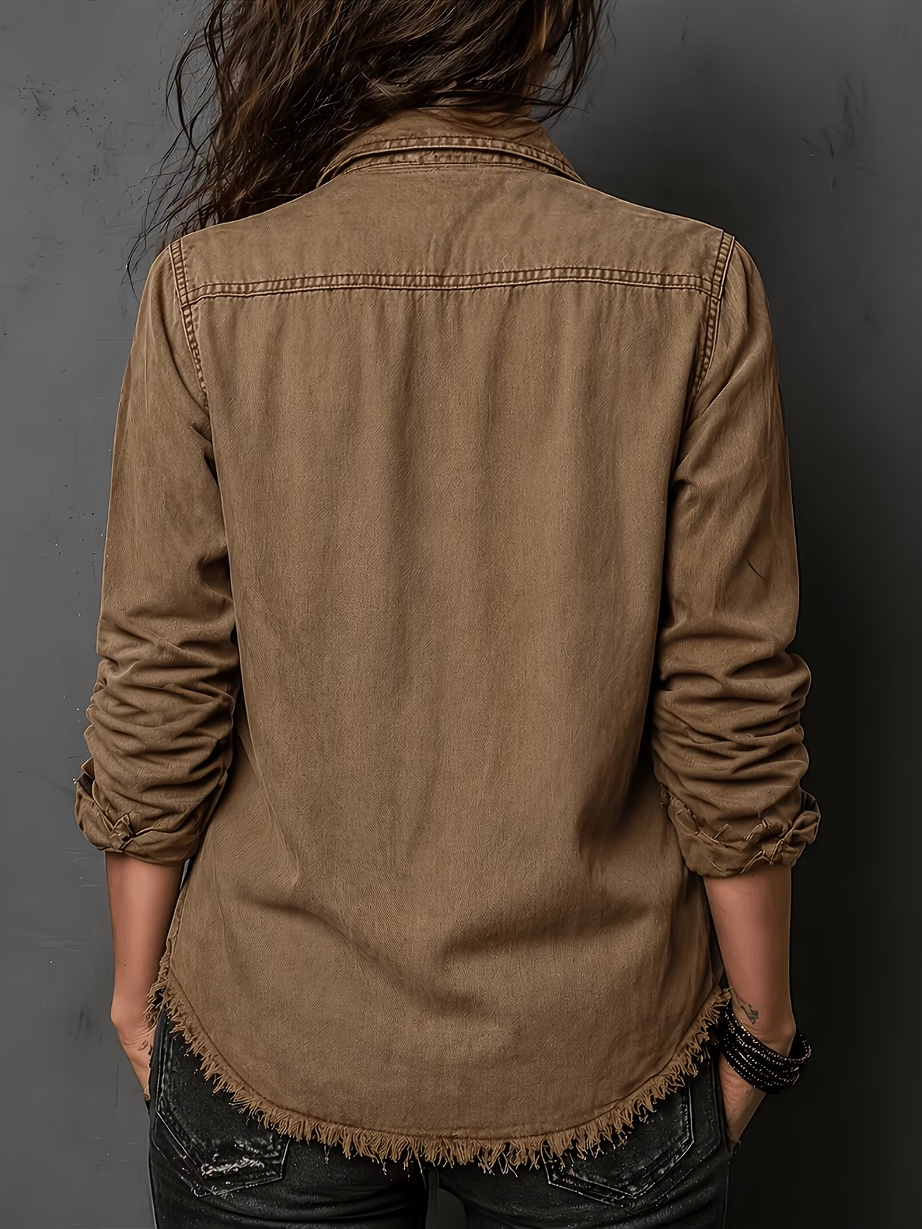 Women’s Vintage Washed Denim Shirt, Western Button Down Long Sleeve Top with Frayed Hem and Double Pockets