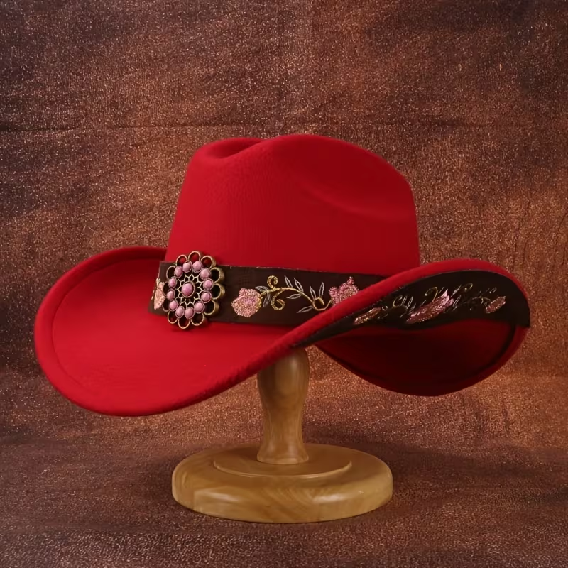 Floral Embroidered Soft Felt Cowgirl Hat with Leather Band & Pink Turquoise Concho