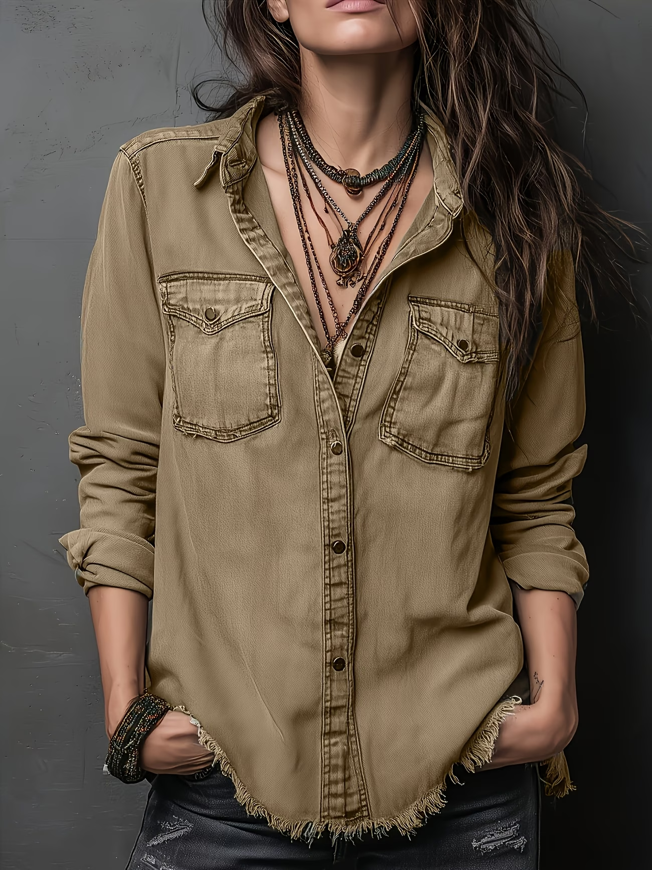 Women’s Vintage Washed Denim Shirt, Western Button Down Long Sleeve Top with Frayed Hem and Double Pockets