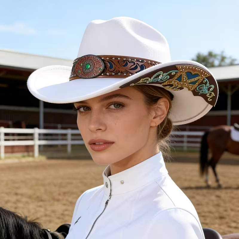 Unisex Western Cowboy Hat with Decorative Studded Band & Embroidered Wide Brim