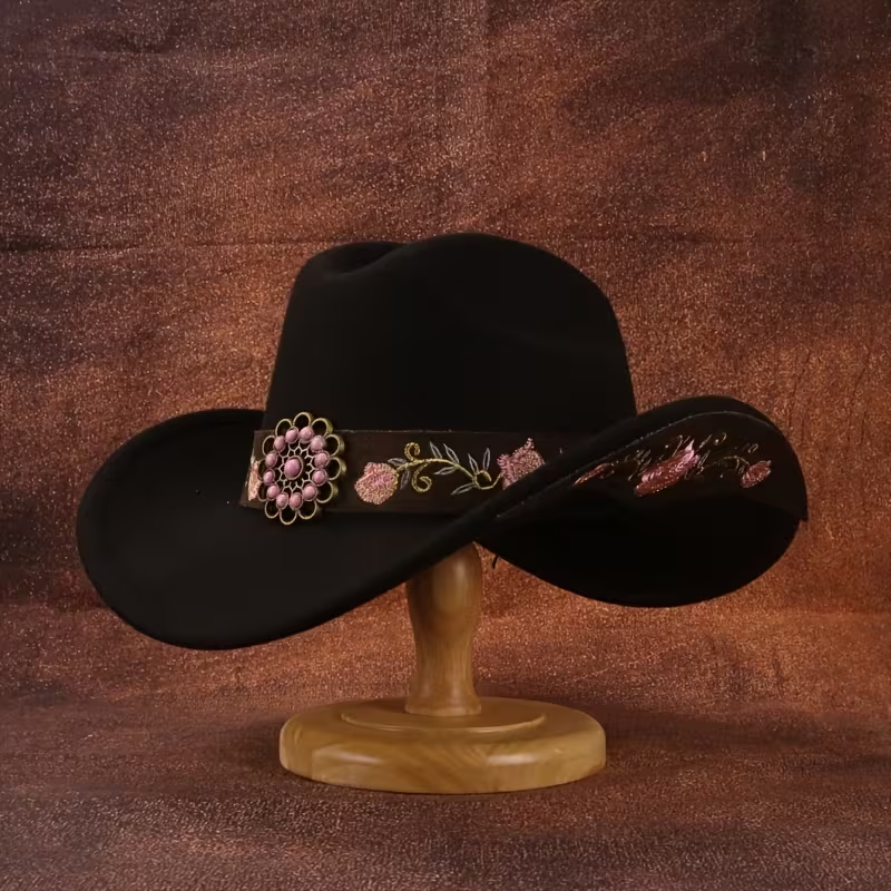 Floral Embroidered Soft Felt Cowgirl Hat with Leather Band & Pink Turquoise Concho