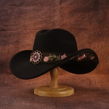 Floral Embroidered Soft Felt Cowgirl Hat with Leather Band & Pink Turquoise Concho