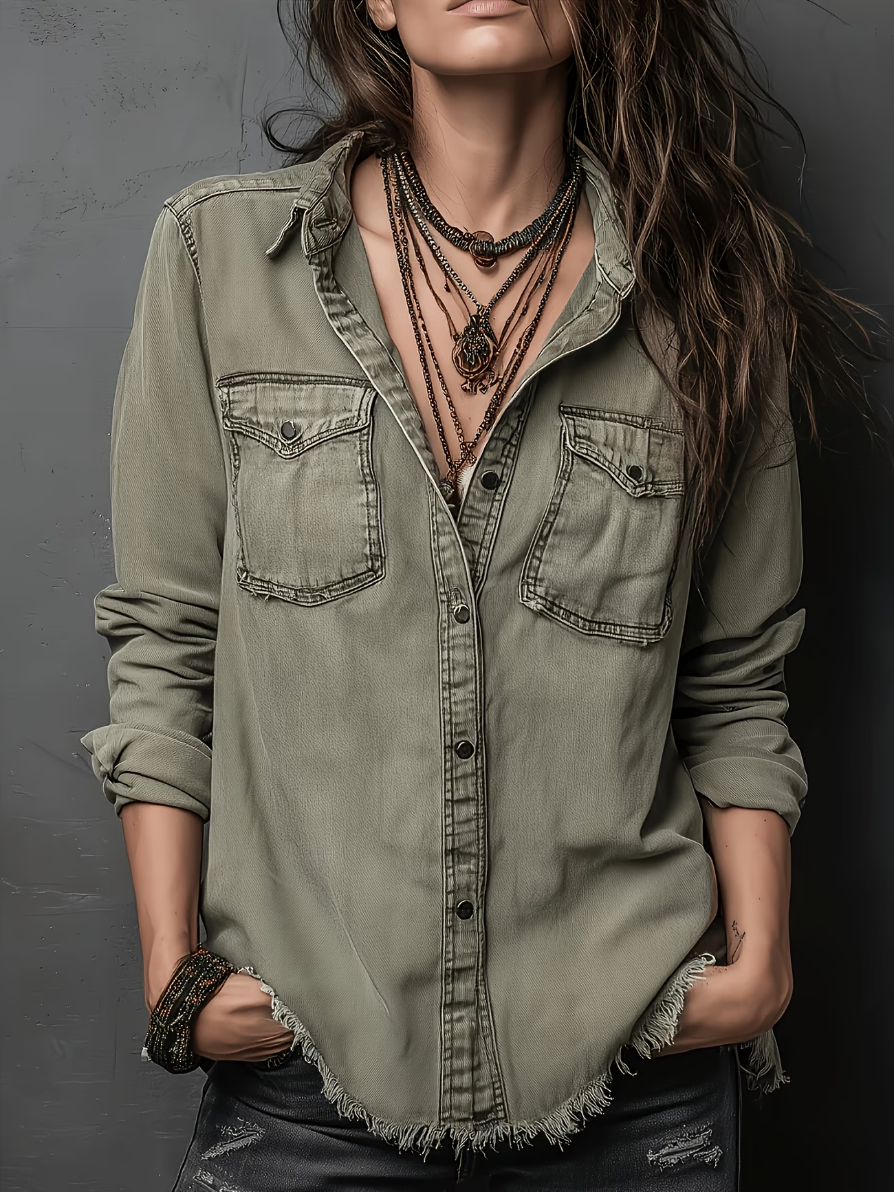 Women’s Vintage Washed Denim Shirt, Western Button Down Long Sleeve Top with Frayed Hem and Double Pockets