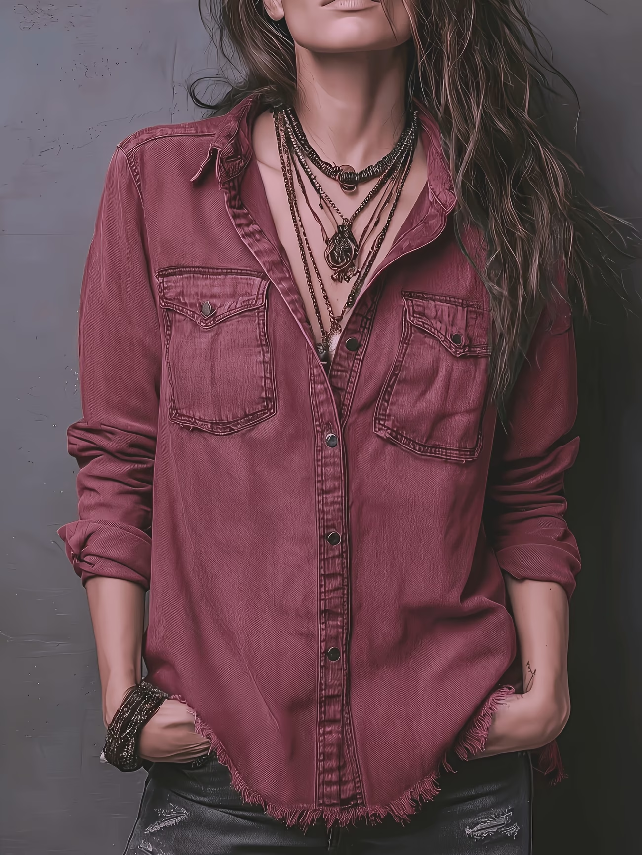 Women’s Vintage Washed Denim Shirt, Western Button Down Long Sleeve Top with Frayed Hem and Double Pockets