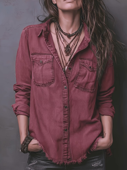 Women’s Vintage Washed Denim Shirt, Western Button Down Long Sleeve Top with Frayed Hem and Double Pockets