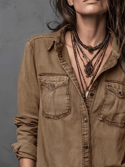 Women’s Vintage Washed Denim Shirt, Western Button Down Long Sleeve Top with Frayed Hem and Double Pockets