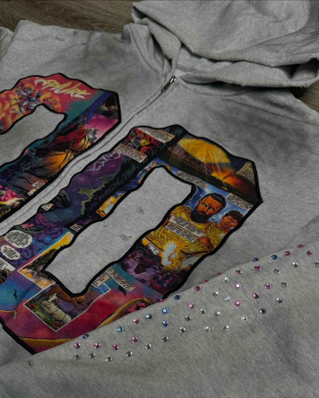 Faux Rhinestone Print Ombre Zip-Up Hoodie Set