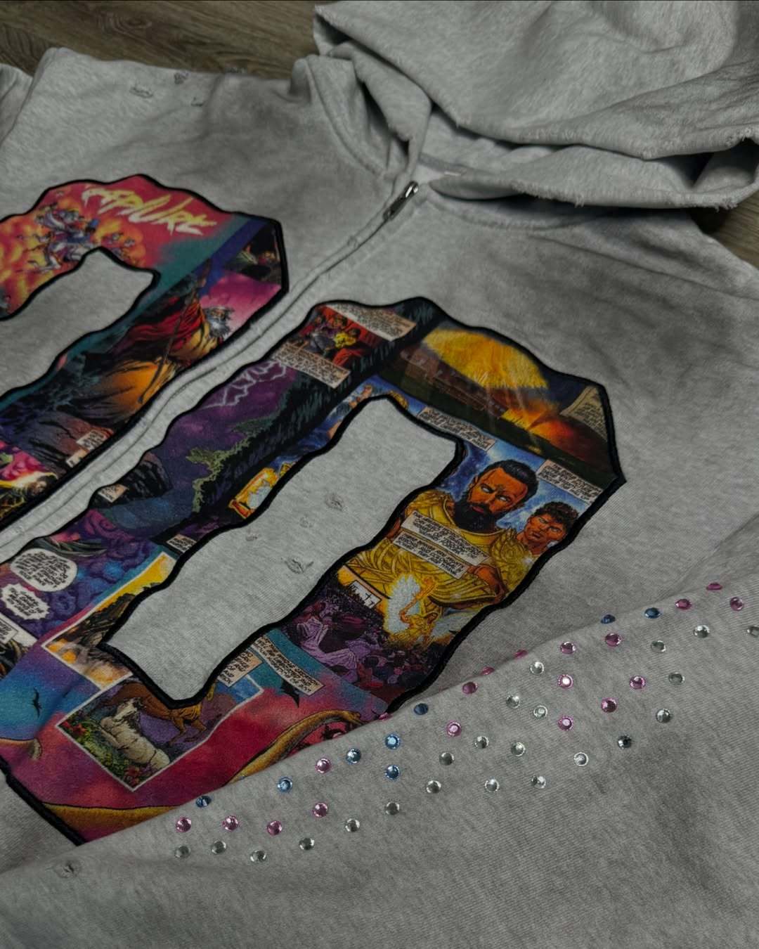 Faux Rhinestone Print Ombre Zip-Up Hoodie Set