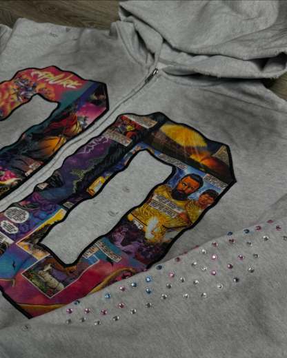 Faux Rhinestone Print Ombre Zip-Up Hoodie Set