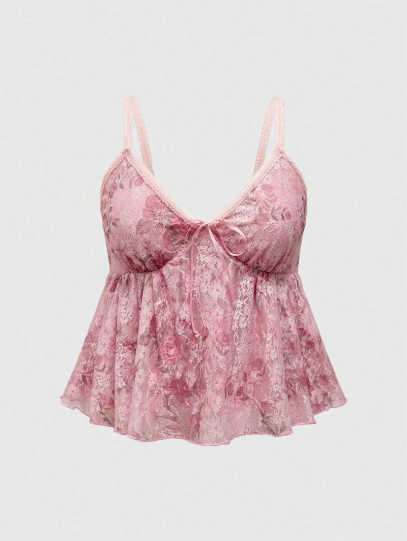 Fairycore Plus Size Rose Pattern Lace Fabric Babydoll Cami And Top