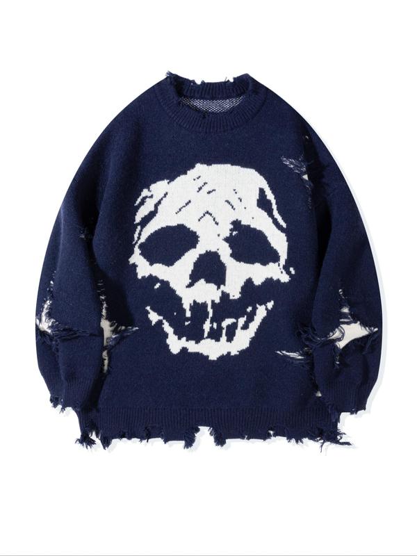 Men's Ripped Drop Shoulder Sweater with Skull Graphic Loose Casual Street Soft Comfy Long Sleeve Round Neck Knit Tops Jumper for Fall Fashion Men's Knitwear for Daily Wear Menswear Crewneck Streetwear Graphic Pullover Casual Cozy Jumper