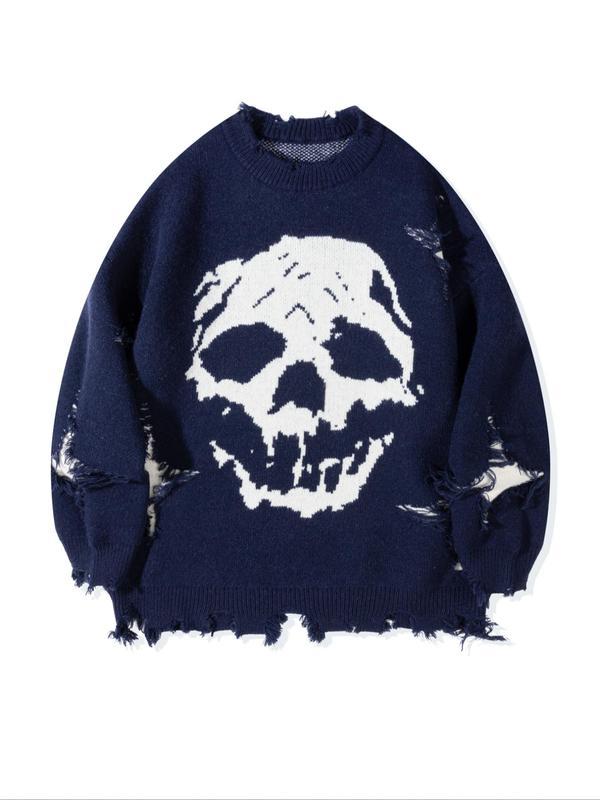 Men's Ripped Drop Shoulder Sweater with Skull Graphic Loose Casual Street Soft Comfy Long Sleeve Round Neck Knit Tops Jumper for Fall Fashion Men's Knitwear for Daily Wear Menswear Crewneck Streetwear Graphic Pullover Casual Cozy Jumper