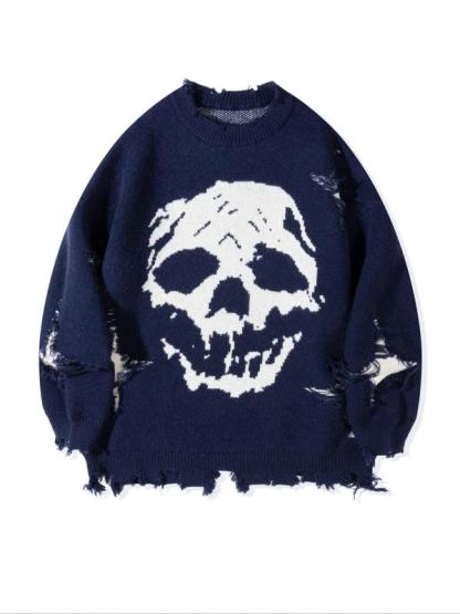 Men's Ripped Drop Shoulder Sweater with Skull Graphic Loose Casual Street Soft Comfy Long Sleeve Round Neck Knit Tops Jumper for Fall Fashion Men's Knitwear for Daily Wear Menswear Crewneck Streetwear Graphic Pullover Casual Cozy Jumper