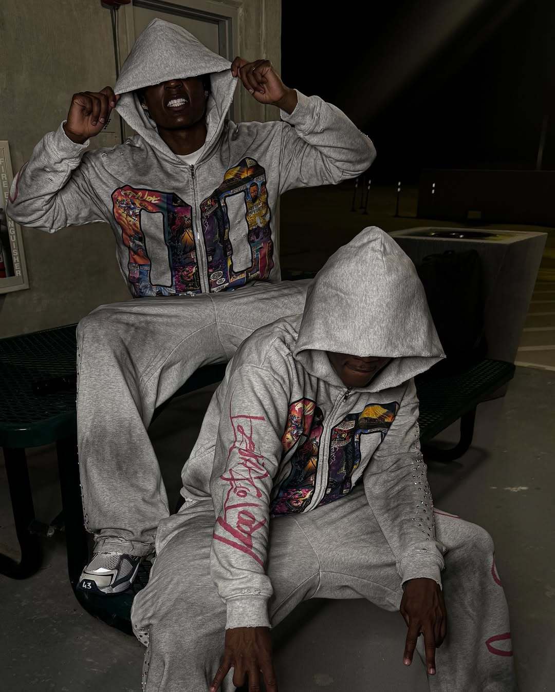 Faux Rhinestone Print Ombre Zip-Up Hoodie Set