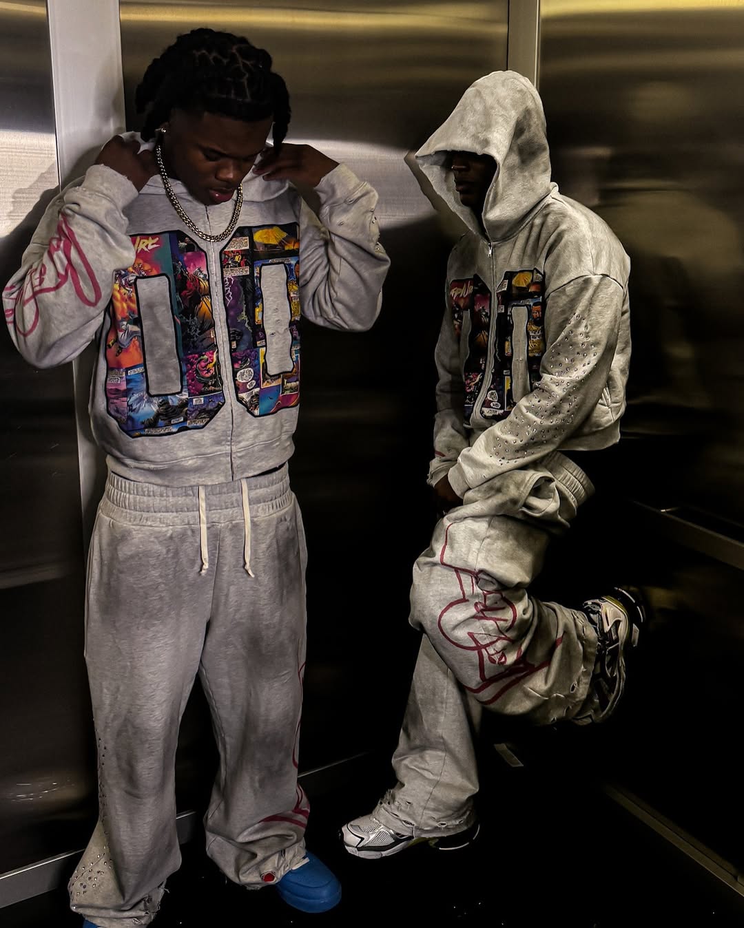 Faux Rhinestone Print Ombre Zip-Up Hoodie Set