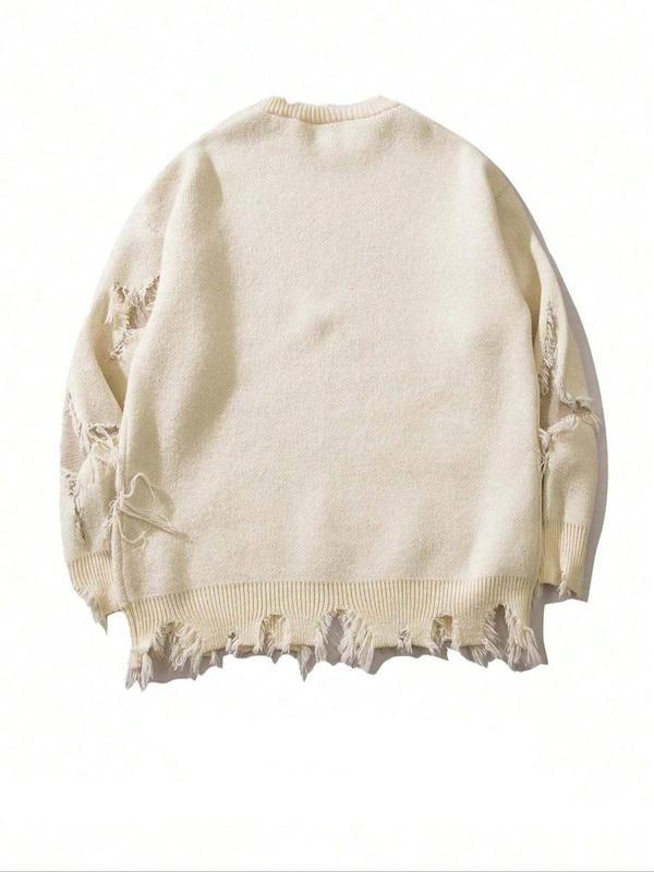 Men's Ripped Drop Shoulder Sweater with Skull Graphic Loose Casual Street Soft Comfy Long Sleeve Round Neck Knit Tops Jumper for Fall Fashion Men's Knitwear for Daily Wear Menswear Crewneck Streetwear Graphic Pullover Casual Cozy Jumper