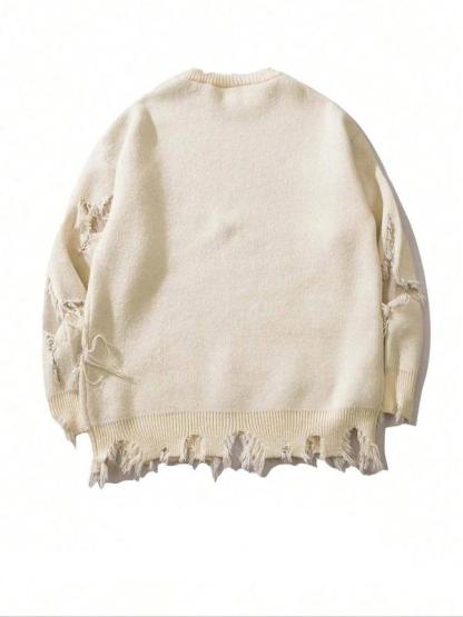 Men's Ripped Drop Shoulder Sweater with Skull Graphic Loose Casual Street Soft Comfy Long Sleeve Round Neck Knit Tops Jumper for Fall Fashion Men's Knitwear for Daily Wear Menswear Crewneck Streetwear Graphic Pullover Casual Cozy Jumper