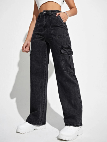 High Waisted Flap Pocket Cargo Jeans