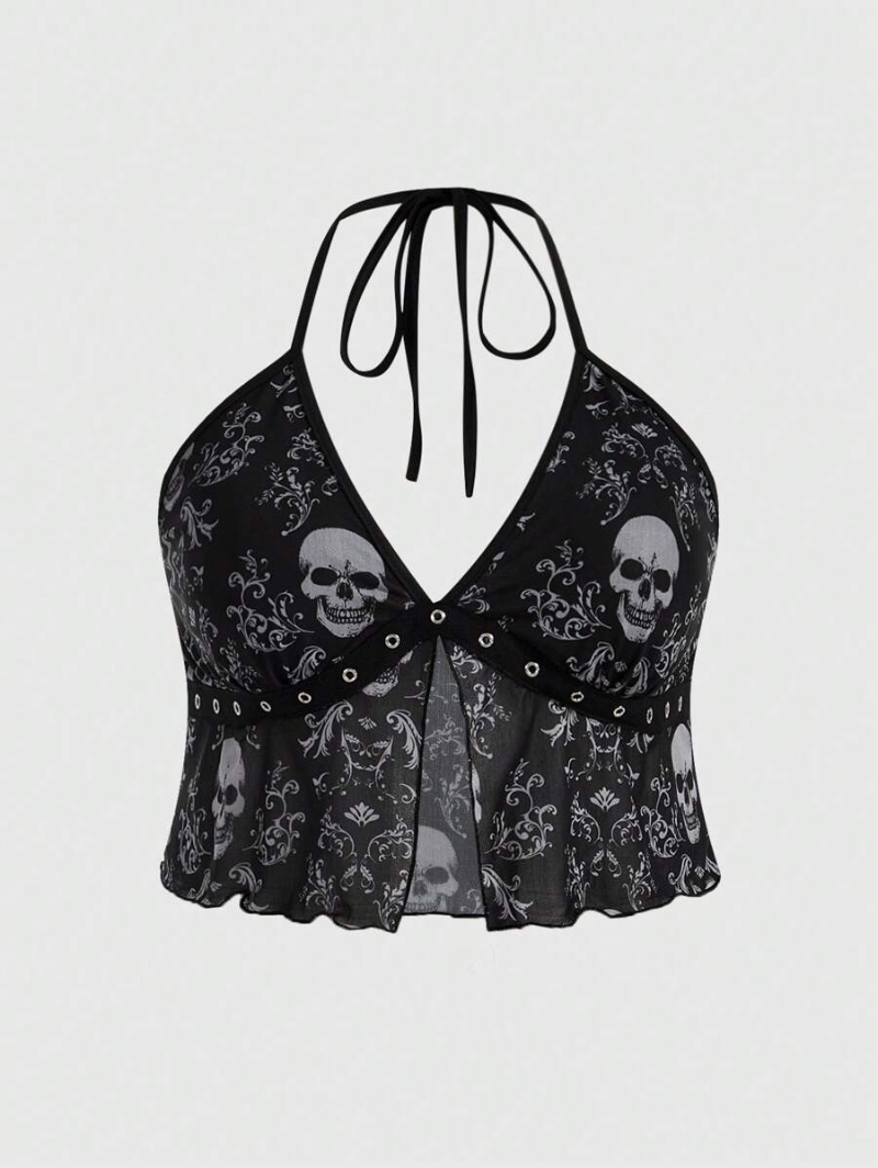 Grunge Punk Summer Gothic Skull & Ivy Mesh Printed Plus Size Camisole