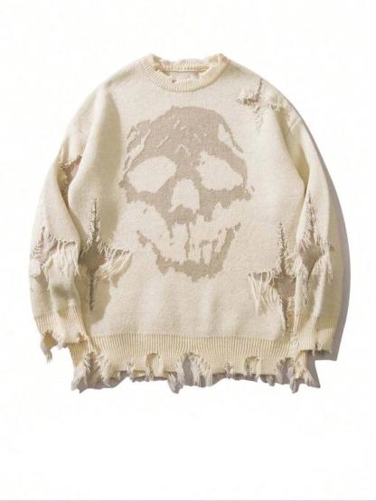 Men's Ripped Drop Shoulder Sweater with Skull Graphic Loose Casual Street Soft Comfy Long Sleeve Round Neck Knit Tops Jumper for Fall Fashion Men's Knitwear for Daily Wear Menswear Crewneck Streetwear Graphic Pullover Casual Cozy Jumper