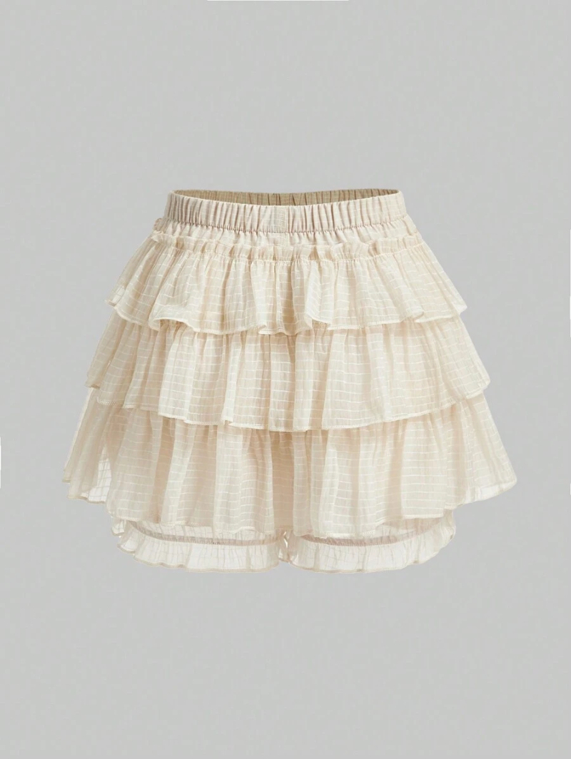 Fairycore Plus Size Women Fashionable Sweet Cake Ruffle Hem Mesh Short