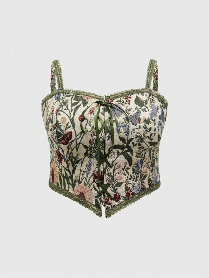Fairycore Plus Size Floral Jacquard Lace Trim Criss-Cross Tie Back Cam