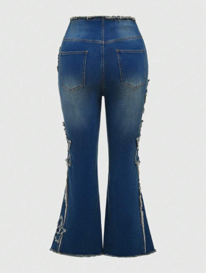 Fairycore Women's Plus Size Fringed Flared Jeans With Star Pattern