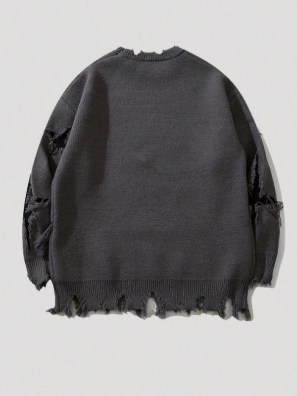 Men's Ripped Drop Shoulder Sweater with Skull Graphic Loose Casual Street Soft Comfy Long Sleeve Round Neck Knit Tops Jumper for Fall Fashion Men's Knitwear for Daily Wear Menswear Crewneck Streetwear Graphic Pullover Casual Cozy Jumper