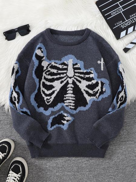 Men's Skull Print Knit Sweater, Casual Autumn/winter Fashion, Street Style Design, Perfect for Daily Wear & Gifts Men's Skull Print Knit Sweater, Casual Autumn/winter Fashion, Street Style Design, Perfect for Daily Wear & Gifts