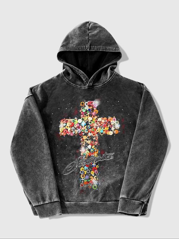 Men's Street Style Cross Graphic Print Distressed Hoodie, Loose Casual Comfy Street Long Sleeve Hooded Sweatshirt for Daily Wear, Fashion Men's Clothes for All Seasons