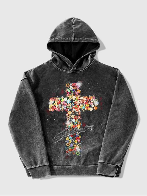 Men's Street Style Cross Graphic Print Distressed Hoodie, Loose Casual Comfy Street Long Sleeve Hooded Sweatshirt for Daily Wear, Fashion Men's Clothes for All Seasons