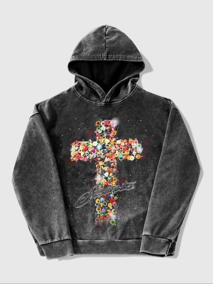 Men's Street Style Cross Graphic Print Distressed Hoodie, Loose Casual Comfy Street Long Sleeve Hooded Sweatshirt for Daily Wear, Fashion Men's Clothes for All Seasons