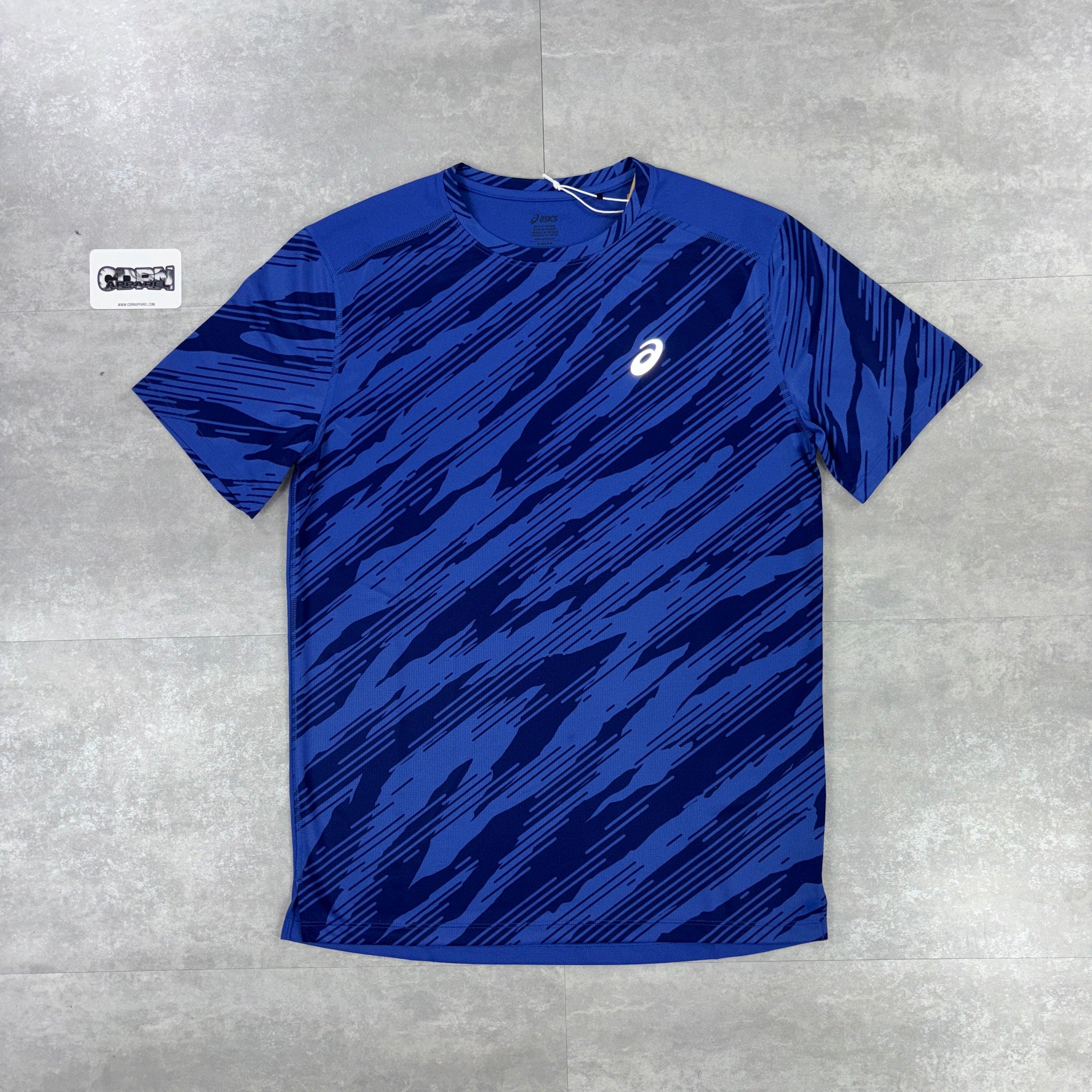 Asics Icon Windbreaker Jacket Dark Cobalt, Dark Cobalt Jacquared T-Shirt & Black Asics Run Pants Set