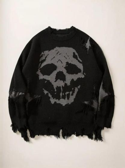Men's Ripped Drop Shoulder Sweater with Skull Graphic Loose Casual Street Soft Comfy Long Sleeve Round Neck Knit Tops Jumper for Fall Fashion Men's Knitwear for Daily Wear Menswear Crewneck Streetwear Graphic Pullover Casual Cozy Jumper