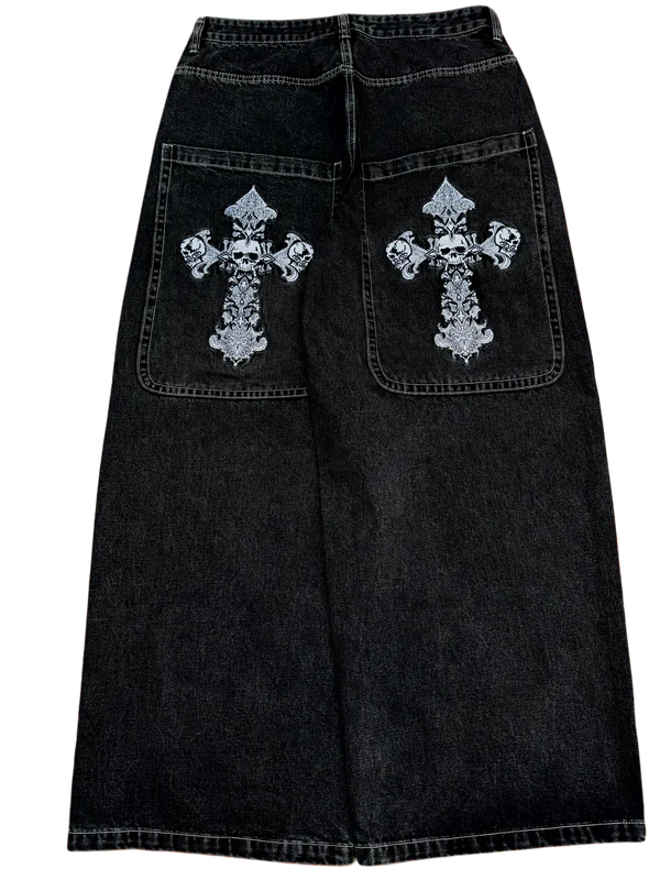 Black Wideleg Skull Cross Jeans