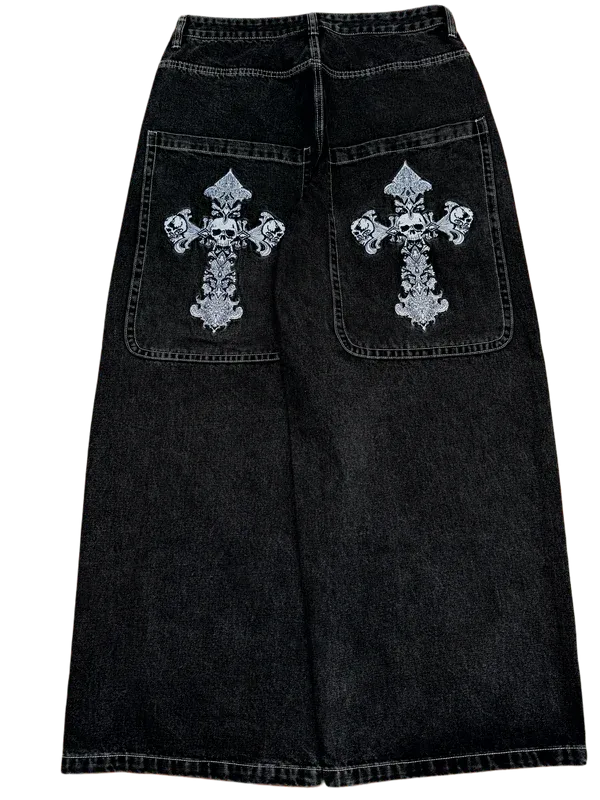Black Wideleg Skull Cross Jeans