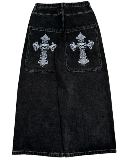 Black Wideleg Skull Cross Jeans