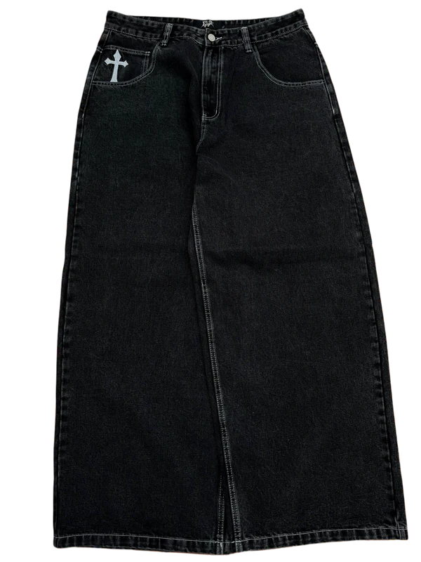 Black Wideleg Skull Cross Jeans