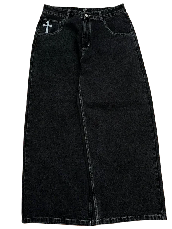 Black Wideleg Skull Cross Jeans