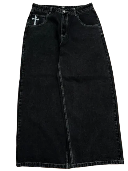 Black Wideleg Skull Cross Jeans