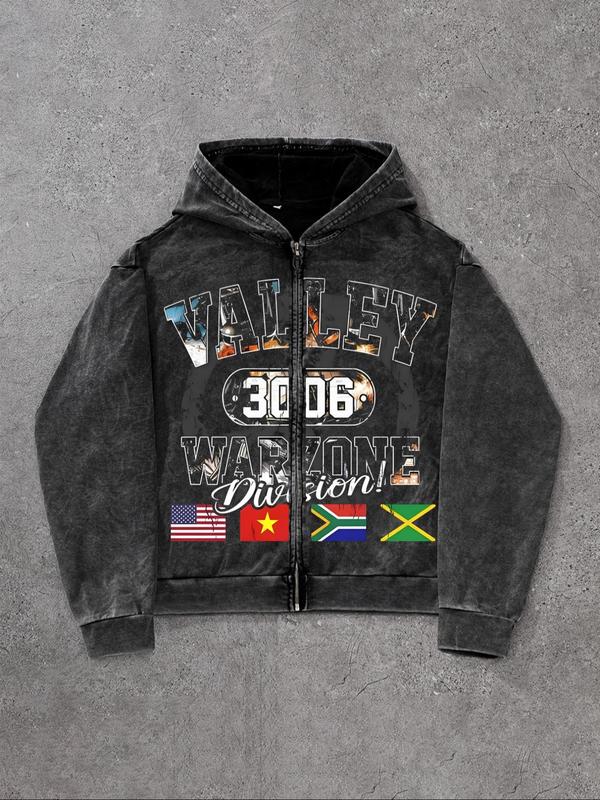 Men's Letter Print Zip Up Hoodie, Casual Loose Street Long Sleeve Hooded Sweatshirt for Daily Wear, Men's Clothes for All Seasons